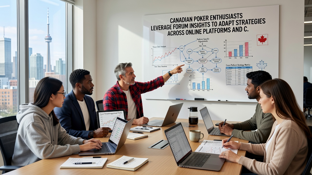 Poker tournament scene at a Canadian casino with players adapting strategies learned from online forums