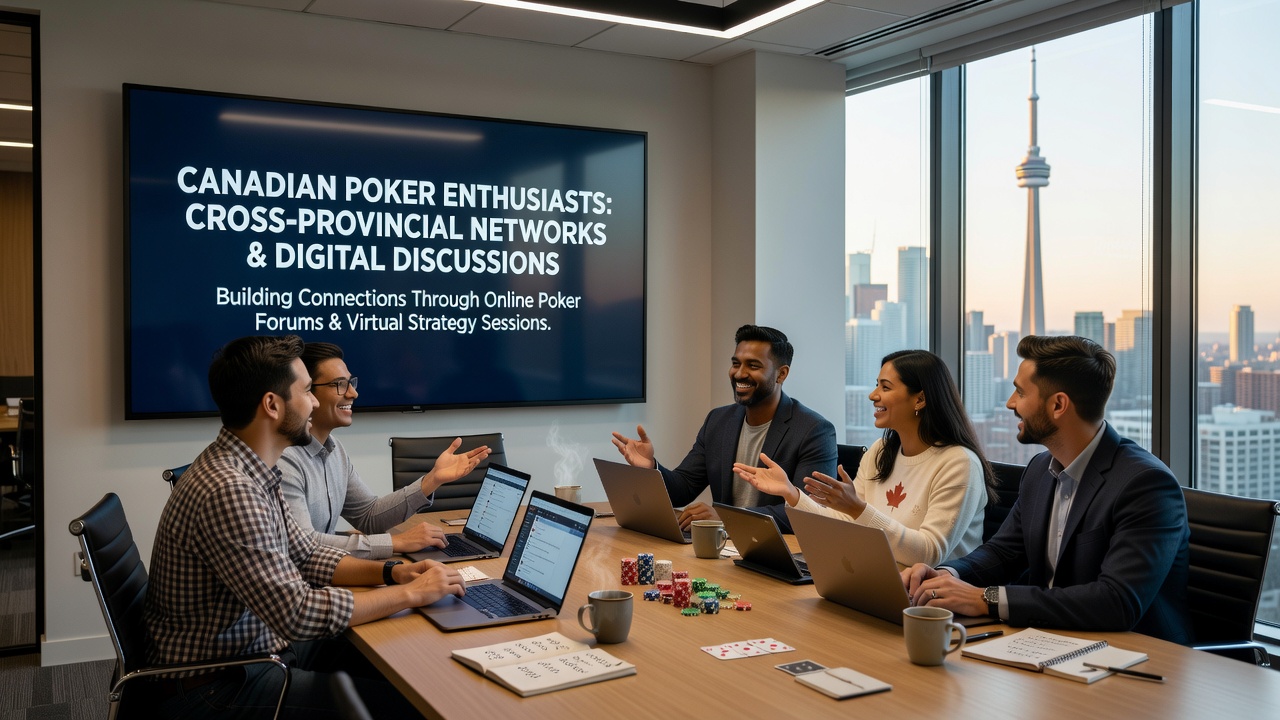 Diverse group of Canadian poker enthusiasts collaborating on strategy in a digital community setting
